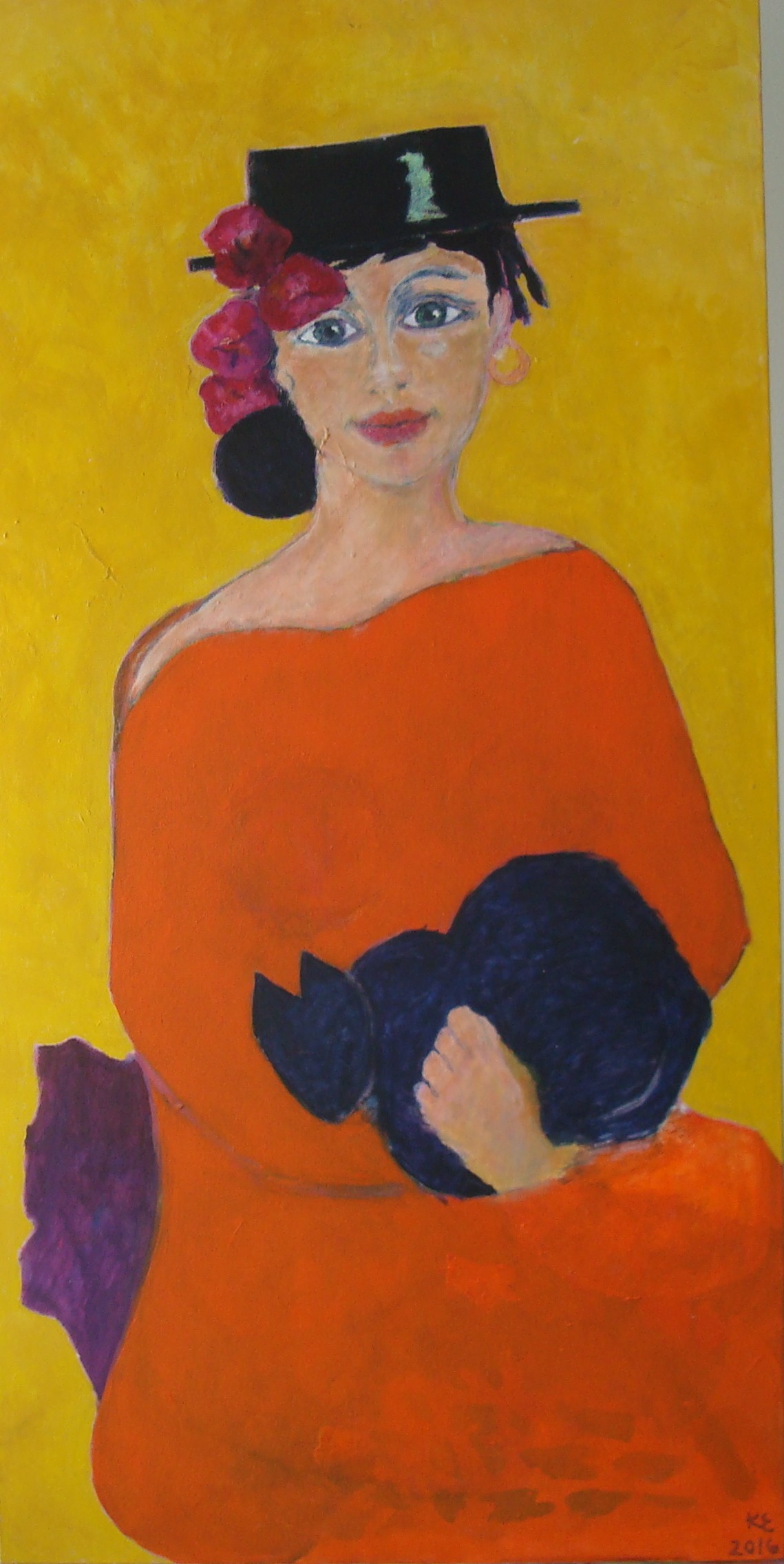 Kvinde m.kat2016 100x50cm, værk af Karen Ehlig Jensen